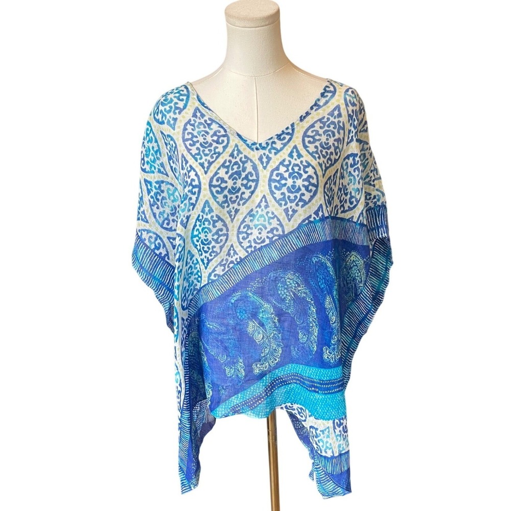 Chicos Linen Blue Abstract Poncho Top XL NWT Ikat Resort‎ Kaftan Patchwork Artsy